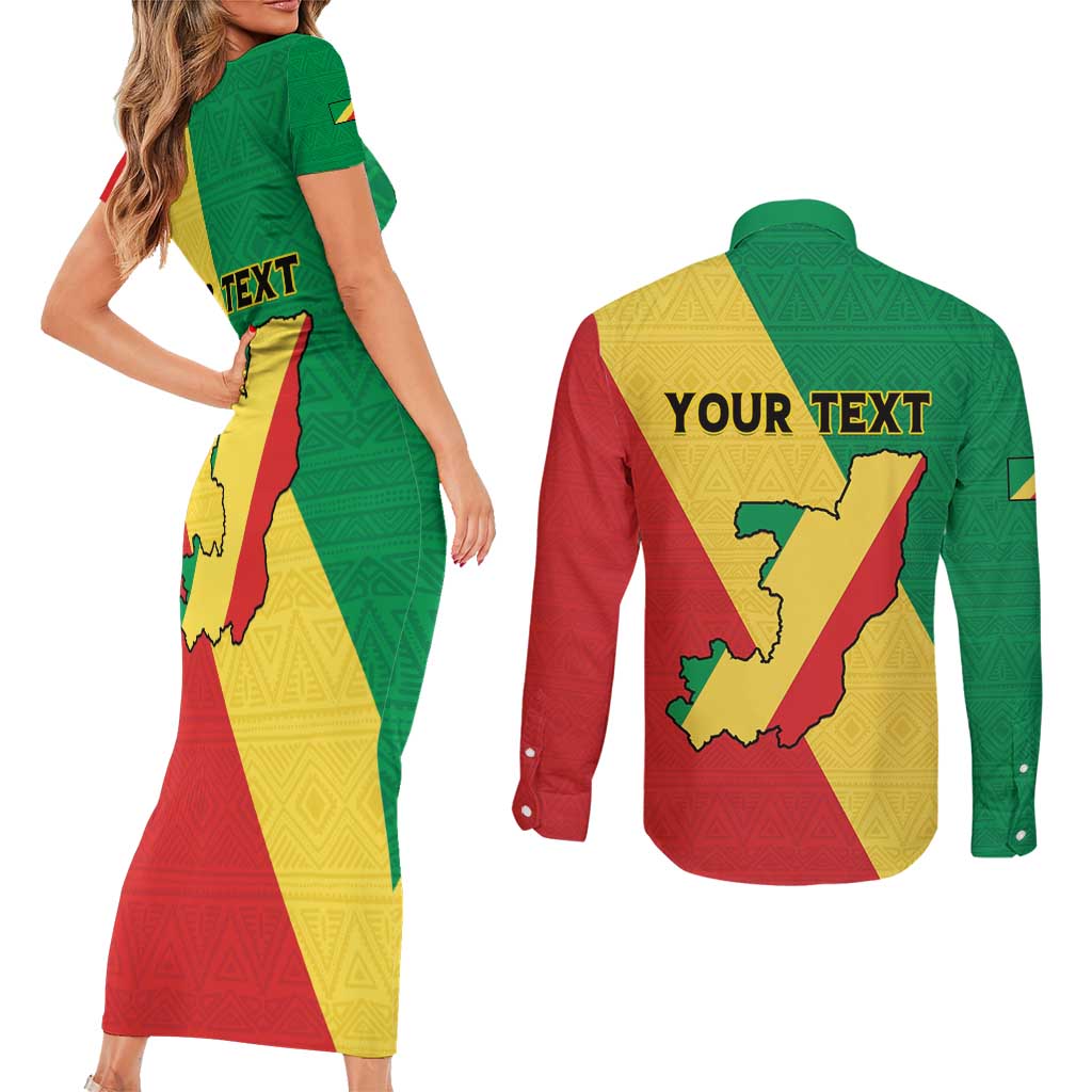 Personalized Congo Brazzaville Couples Matching Short Sleeve Bodycon Dress and Long Sleeve Button Shirt Coat Of Arms With Map - Flag Style - Wonder Print Shop