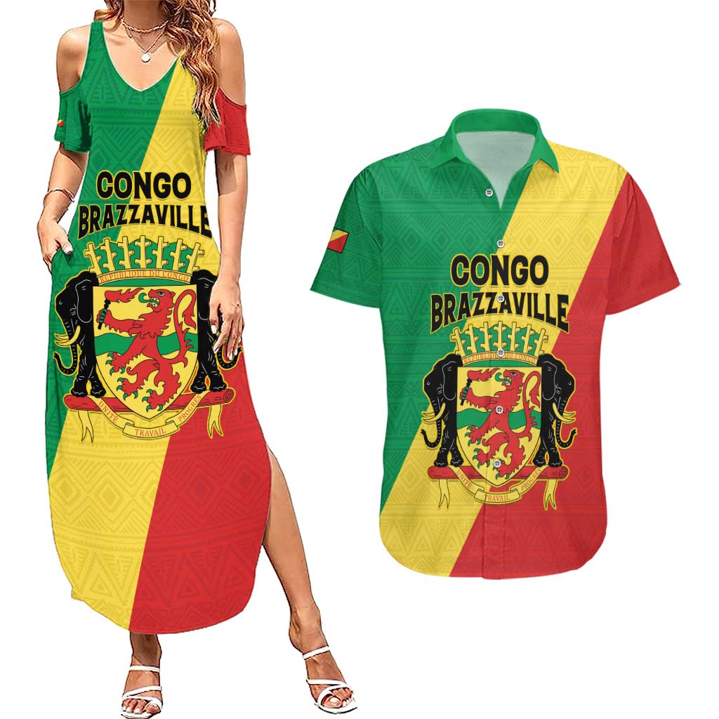 Personalized Congo Brazzaville Couples Matching Summer Maxi Dress and Hawaiian Shirt Coat Of Arms With Map - Flag Style - Wonder Print Shop