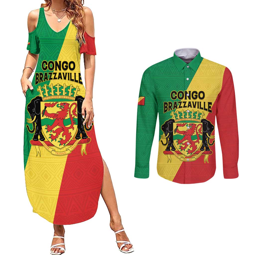 Personalized Congo Brazzaville Couples Matching Summer Maxi Dress and Long Sleeve Button Shirt Coat Of Arms With Map - Flag Style - Wonder Print Shop