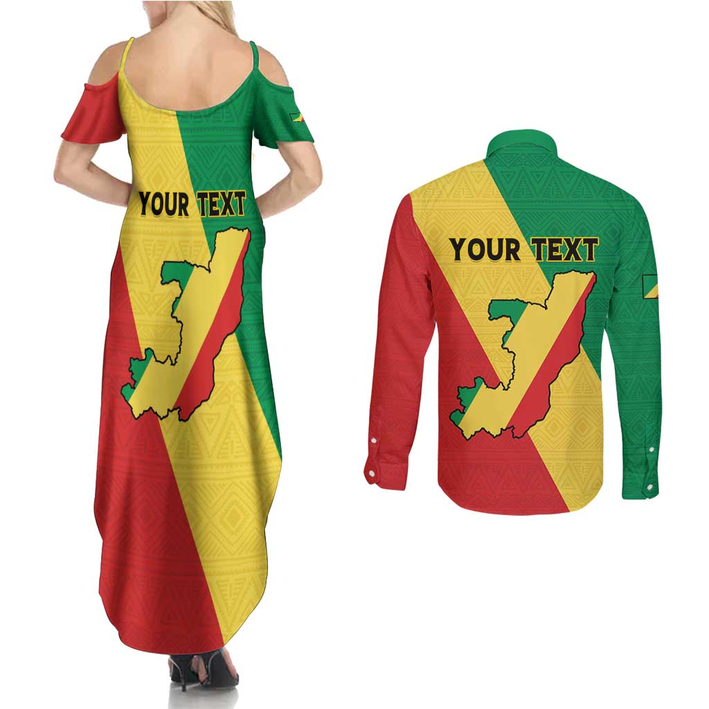 Personalized Congo Brazzaville Couples Matching Summer Maxi Dress and Long Sleeve Button Shirt Coat Of Arms With Map - Flag Style - Wonder Print Shop