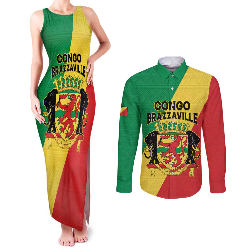 Personalized Congo Brazzaville Couples Matching Tank Maxi Dress and Long Sleeve Button Shirt Coat Of Arms With Map - Flag Style - Wonder Print Shop