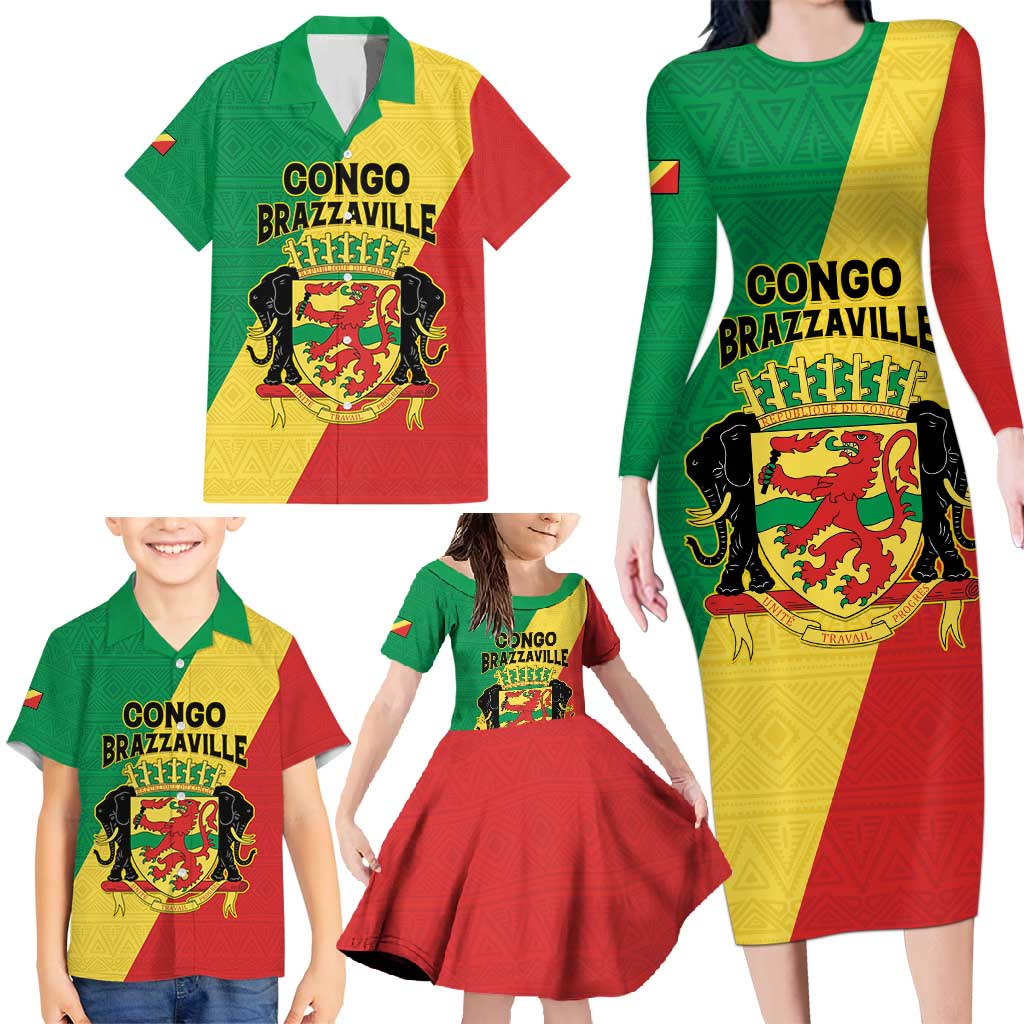 Personalized Congo Brazzaville Family Matching Long Sleeve Bodycon Dress and Hawaiian Shirt Coat Of Arms With Map - Flag Style - Wonder Print Shop