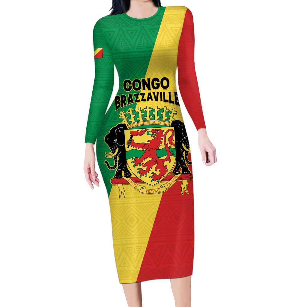 Personalized Congo Brazzaville Family Matching Long Sleeve Bodycon Dress and Hawaiian Shirt Coat Of Arms With Map - Flag Style - Wonder Print Shop