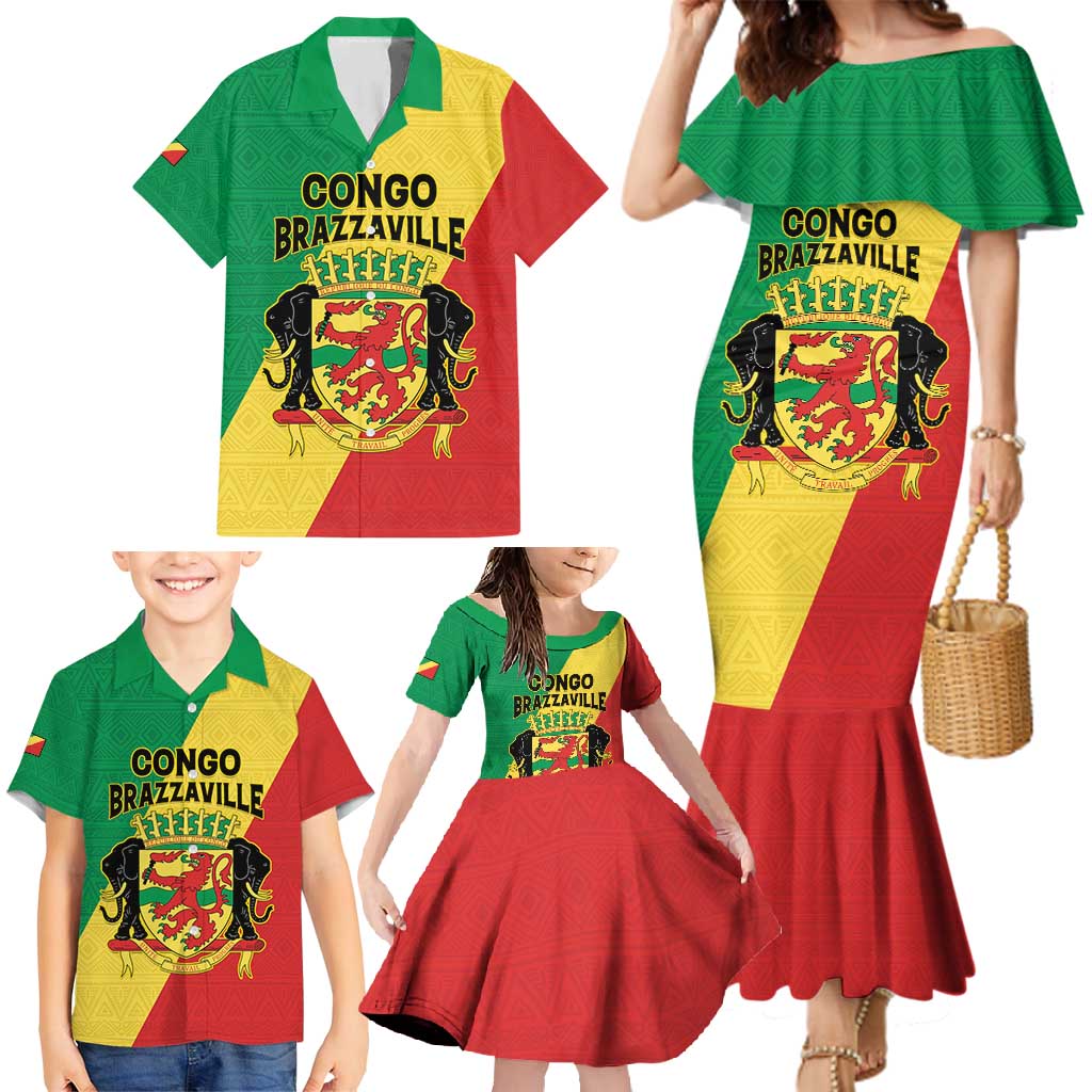 Personalized Congo Brazzaville Family Matching Mermaid Dress and Hawaiian Shirt Coat Of Arms With Map - Flag Style - Wonder Print Shop