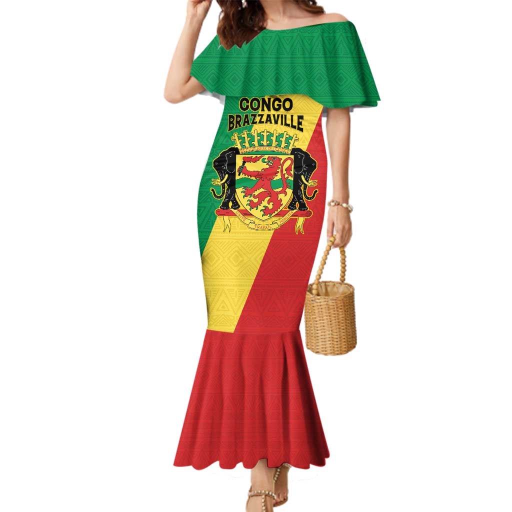 Personalized Congo Brazzaville Family Matching Mermaid Dress and Hawaiian Shirt Coat Of Arms With Map - Flag Style - Wonder Print Shop