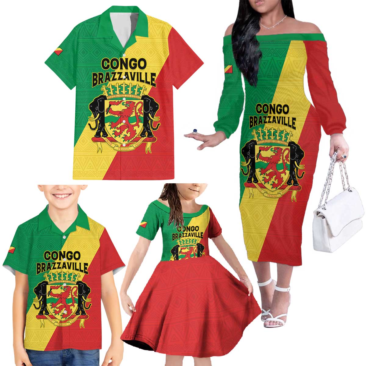 Personalized Congo Brazzaville Family Matching Off The Shoulder Long Sleeve Dress and Hawaiian Shirt Coat Of Arms With Map - Flag Style - Wonder Print Shop
