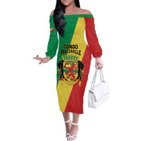 Personalized Congo Brazzaville Family Matching Off The Shoulder Long Sleeve Dress and Hawaiian Shirt Coat Of Arms With Map - Flag Style - Wonder Print Shop