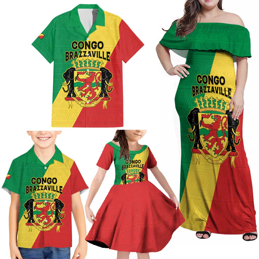 Personalized Congo Brazzaville Family Matching Off Shoulder Maxi Dress and Hawaiian Shirt Coat Of Arms With Map - Flag Style - Wonder Print Shop