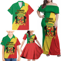 Personalized Congo Brazzaville Family Matching Off Shoulder Maxi Dress and Hawaiian Shirt Coat Of Arms With Map - Flag Style - Wonder Print Shop