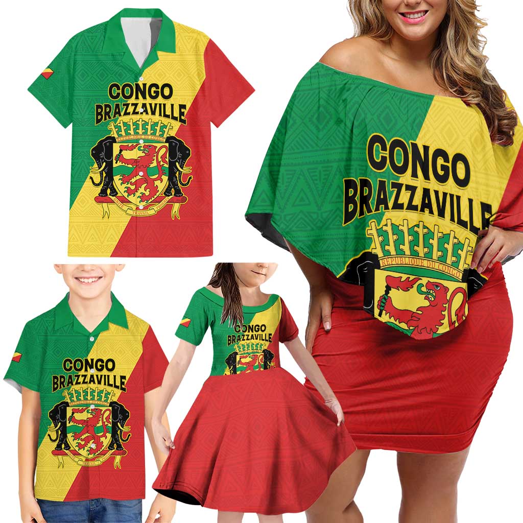 Personalized Congo Brazzaville Family Matching Off Shoulder Short Dress and Hawaiian Shirt Coat Of Arms With Map - Flag Style - Wonder Print Shop