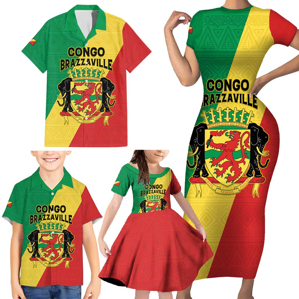Personalized Congo Brazzaville Family Matching Short Sleeve Bodycon Dress and Hawaiian Shirt Coat Of Arms With Map - Flag Style - Wonder Print Shop