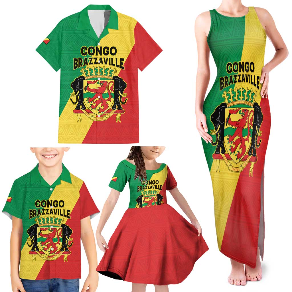 Personalized Congo Brazzaville Family Matching Tank Maxi Dress and Hawaiian Shirt Coat Of Arms With Map - Flag Style - Wonder Print Shop