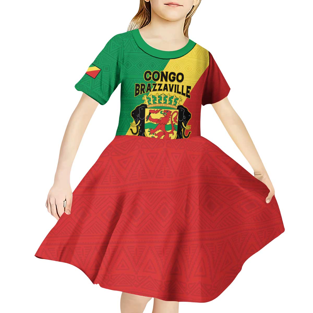 Personalized Congo Brazzaville Kid Short Sleeve Dress Coat Of Arms With Map - Flag Style - Wonder Print Shop