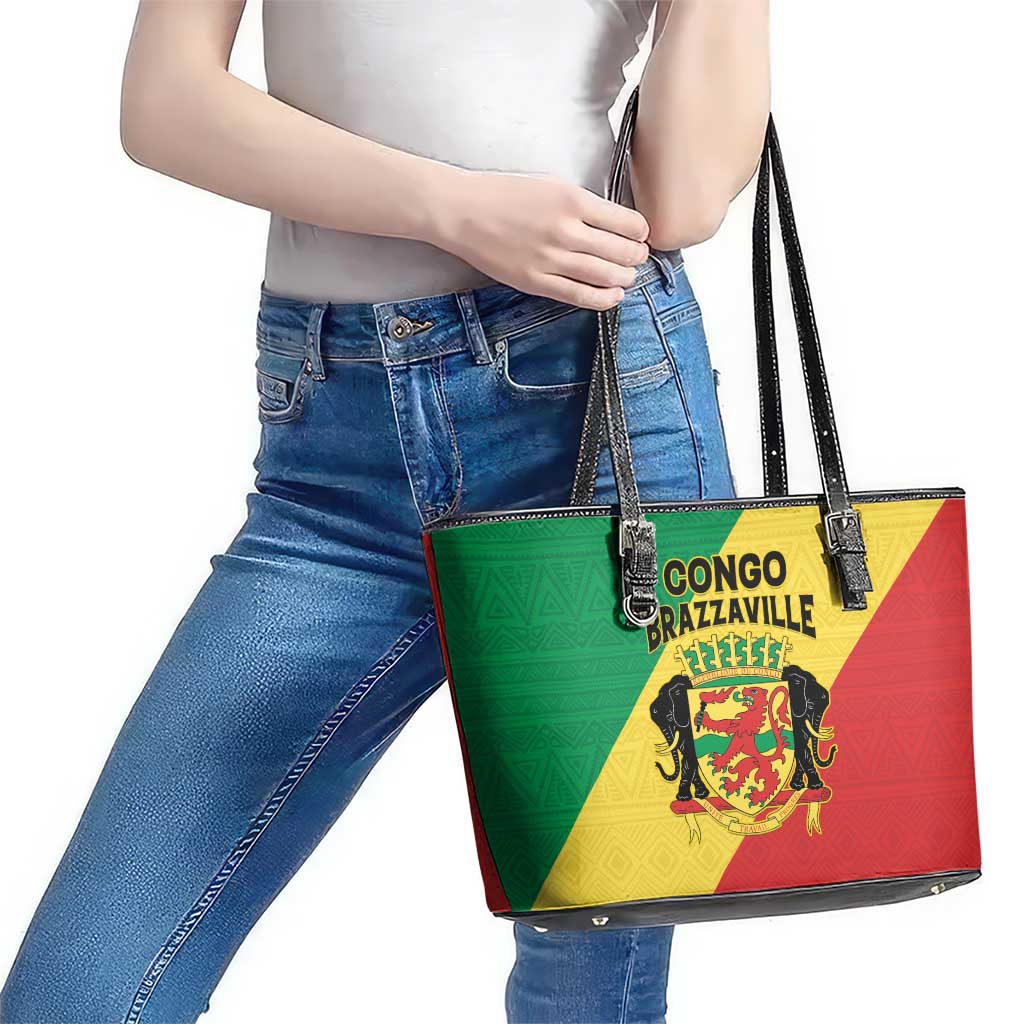Congo Brazzaville Leather Tote Bag Coat Of Arms With Map - Flag Style - Wonder Print Shop