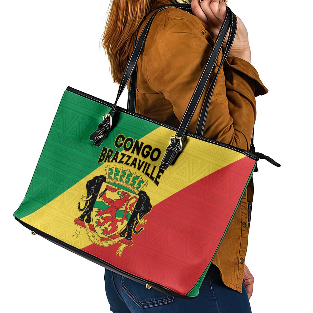 Congo Brazzaville Leather Tote Bag Coat Of Arms With Map - Flag Style - Wonder Print Shop