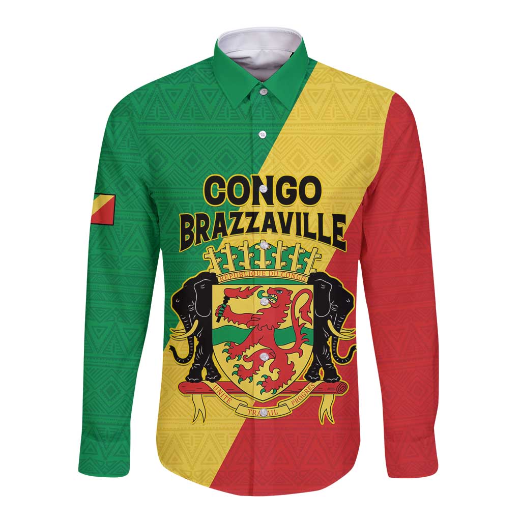 Personalized Congo Brazzaville Long Sleeve Button Shirt Coat Of Arms With Map - Flag Style - Wonder Print Shop