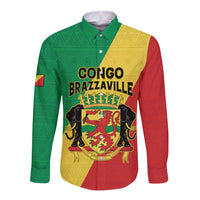 Personalized Congo Brazzaville Long Sleeve Button Shirt Coat Of Arms With Map - Flag Style - Wonder Print Shop