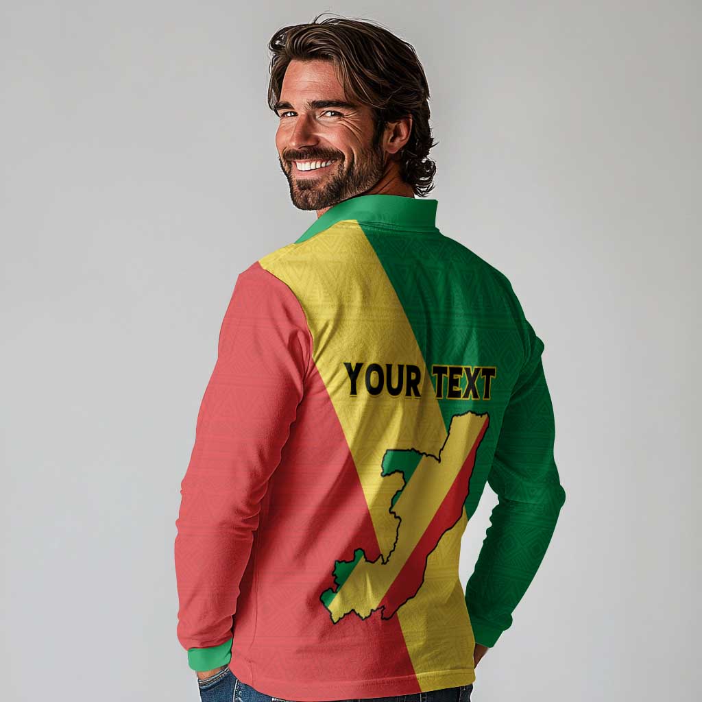 Personalized Congo Brazzaville Long Sleeve Polo Shirt Coat Of Arms With Map - Flag Style - Wonder Print Shop