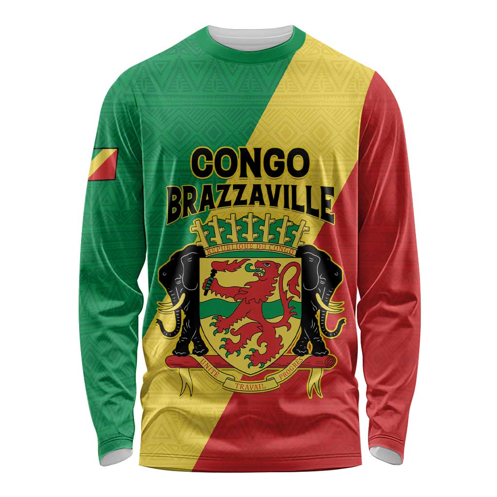 Personalized Congo Brazzaville Long Sleeve Shirt Coat Of Arms With Map - Flag Style - Wonder Print Shop