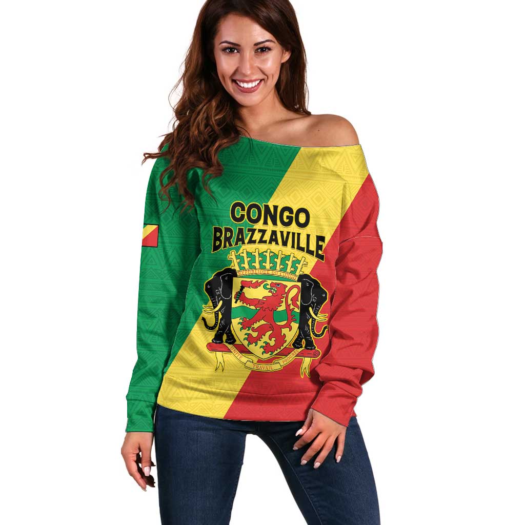 Personalized Congo Brazzaville Off Shoulder Sweater Coat Of Arms With Map - Flag Style - Wonder Print Shop