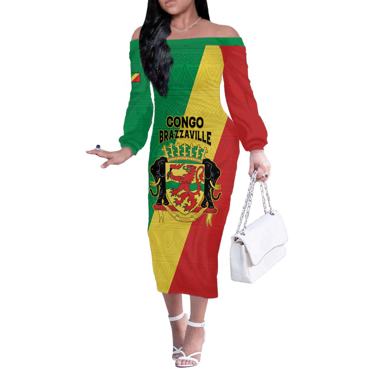 Personalized Congo Brazzaville Off The Shoulder Long Sleeve Dress Coat Of Arms With Map - Flag Style - Wonder Print Shop