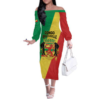 Personalized Congo Brazzaville Off The Shoulder Long Sleeve Dress Coat Of Arms With Map - Flag Style - Wonder Print Shop