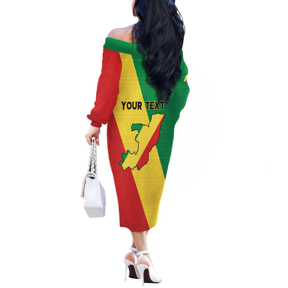 Personalized Congo Brazzaville Off The Shoulder Long Sleeve Dress Coat Of Arms With Map - Flag Style - Wonder Print Shop