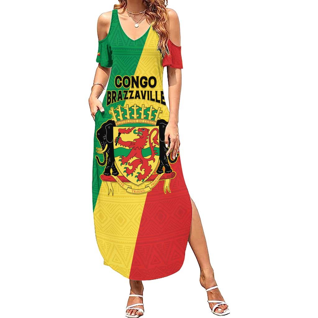 Personalized Congo Brazzaville Summer Maxi Dress Coat Of Arms With Map - Flag Style - Wonder Print Shop