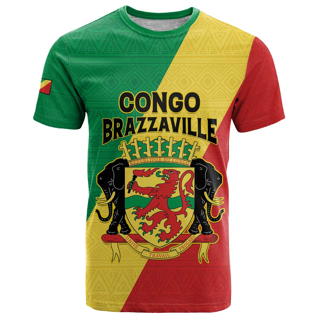 Personalized Congo Brazzaville T Shirt Coat Of Arms With Map - Flag Style - Wonder Print Shop