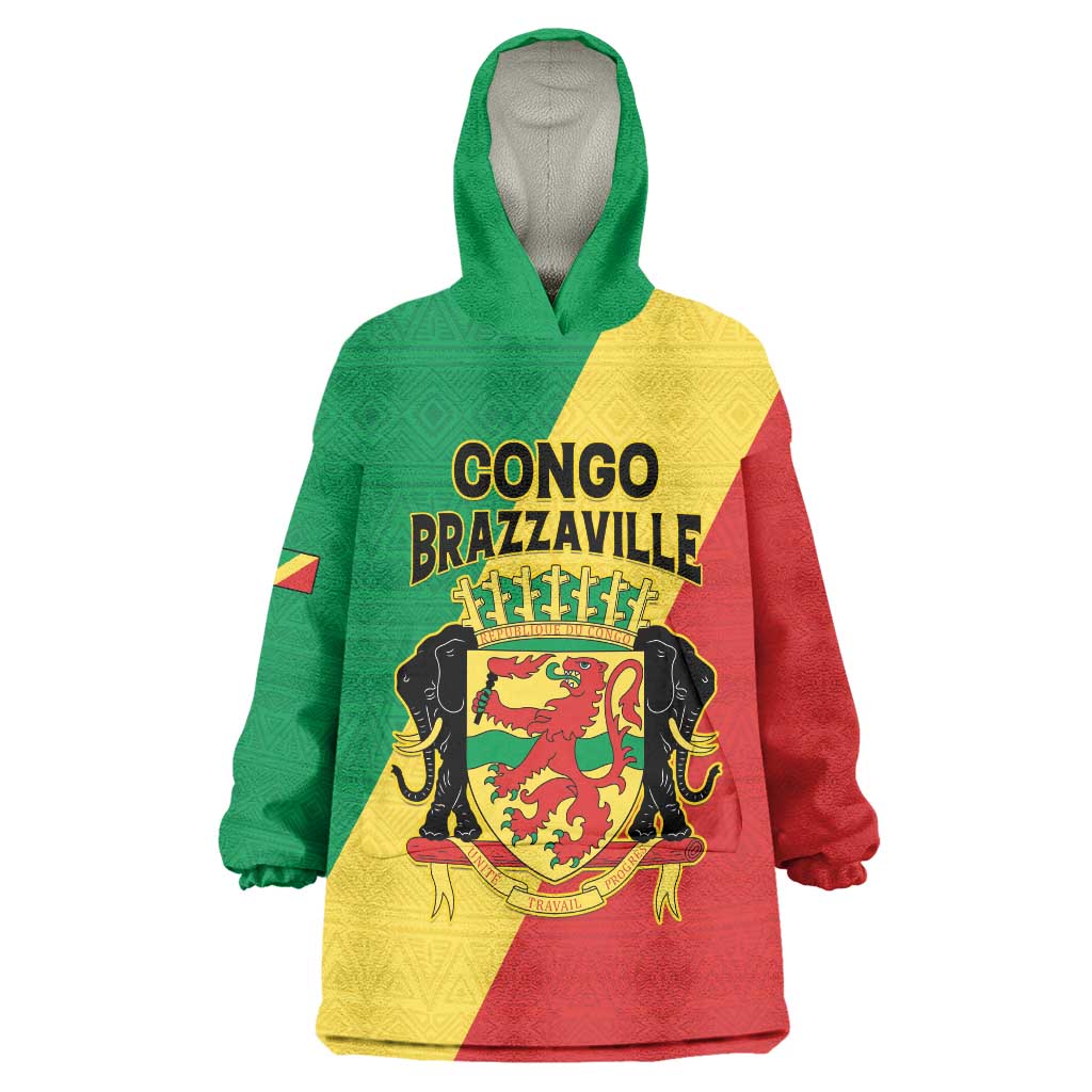 Personalized Congo Brazzaville Wearable Blanket Hoodie Coat Of Arms With Map - Flag Style - Wonder Print Shop