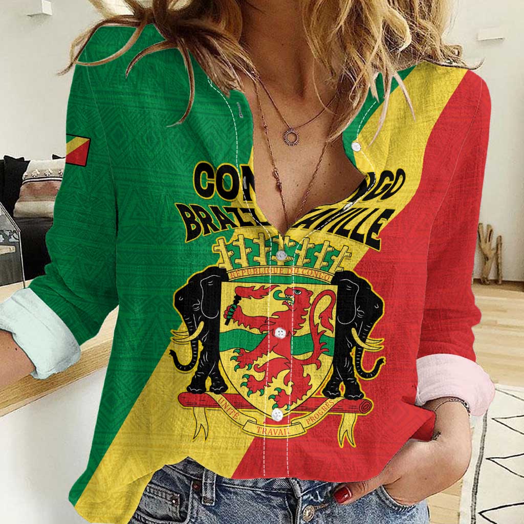 Personalized Congo Brazzaville Women Casual Shirt Coat Of Arms With Map - Flag Style - Wonder Print Shop