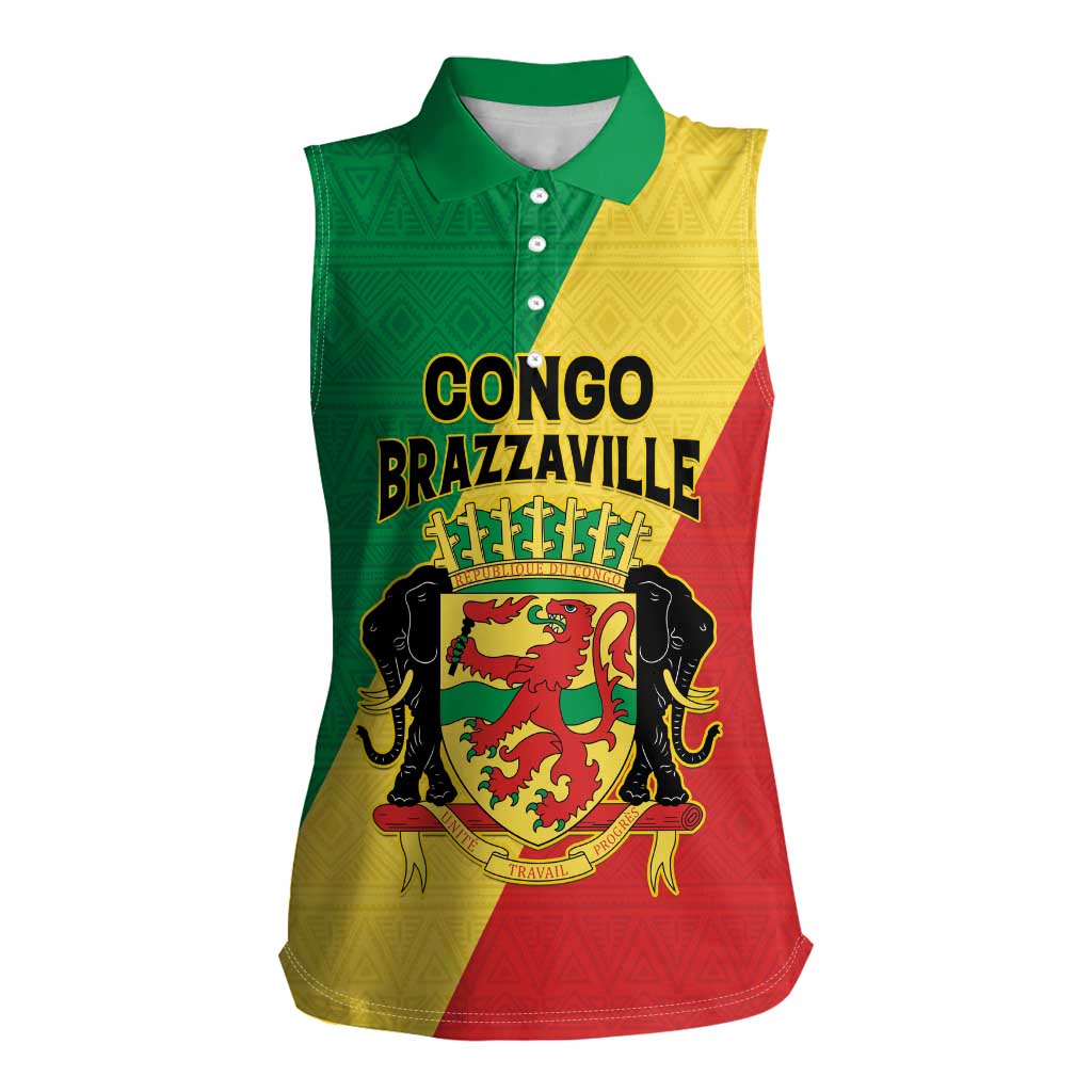 Personalized Congo Brazzaville Women Sleeveless Polo Shirt Coat Of Arms With Map - Flag Style - Wonder Print Shop