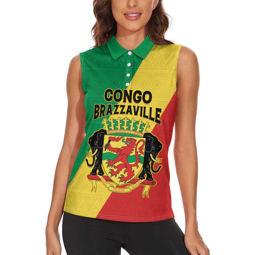 Personalized Congo Brazzaville Women Sleeveless Polo Shirt Coat Of Arms With Map - Flag Style - Wonder Print Shop