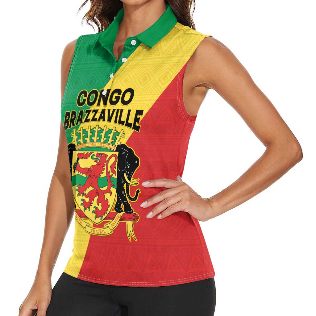 Personalized Congo Brazzaville Women Sleeveless Polo Shirt Coat Of Arms With Map - Flag Style - Wonder Print Shop