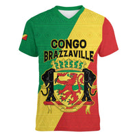 Personalized Congo Brazzaville Women V-Neck T-Shirt Coat Of Arms With Map - Flag Style - Wonder Print Shop