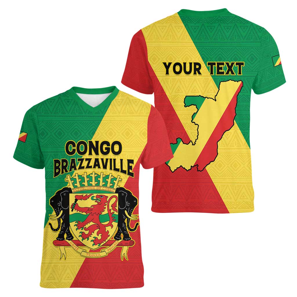 Personalized Congo Brazzaville Women V-Neck T-Shirt Coat Of Arms With Map - Flag Style - Wonder Print Shop