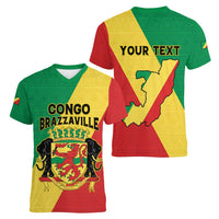 Personalized Congo Brazzaville Women V-Neck T-Shirt Coat Of Arms With Map - Flag Style - Wonder Print Shop