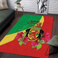 Personalized Congo Brazzaville National Day Area Rug Coat Of Arms Hibiscus Flower - Wonder Print Shop