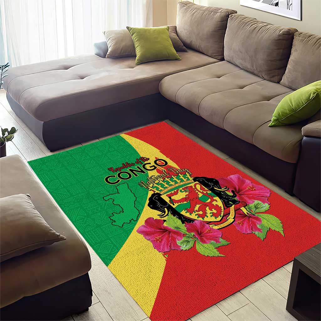 Personalized Congo Brazzaville National Day Area Rug Coat Of Arms Hibiscus Flower - Wonder Print Shop