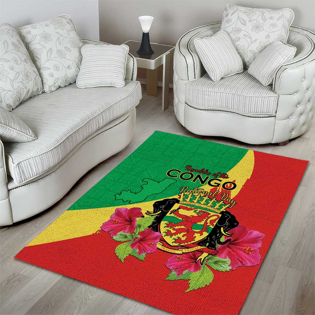 Personalized Congo Brazzaville National Day Area Rug Coat Of Arms Hibiscus Flower - Wonder Print Shop