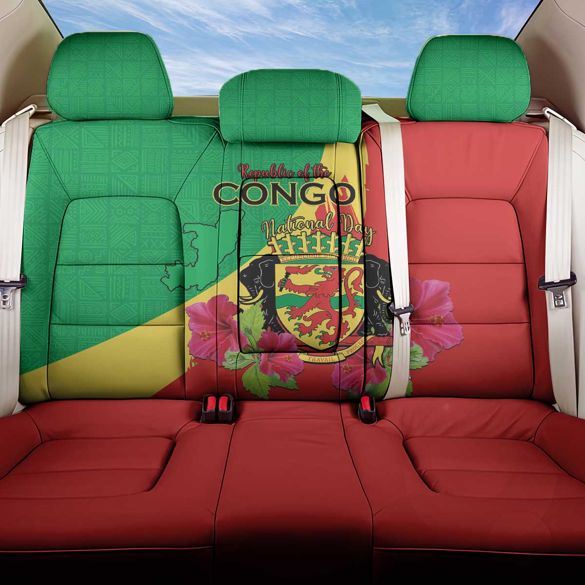 Personalized Congo Brazzaville National Day Back Car Seat Cover Coat Of Arms Hibiscus Flower - Wonder Print Shop