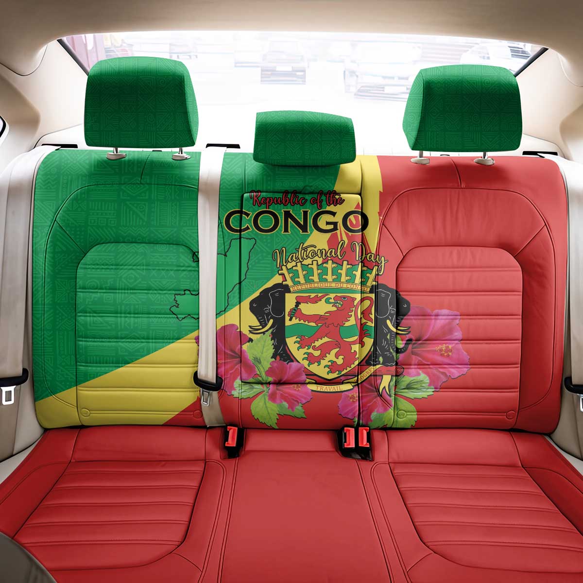 Personalized Congo Brazzaville National Day Back Car Seat Cover Coat Of Arms Hibiscus Flower - Wonder Print Shop