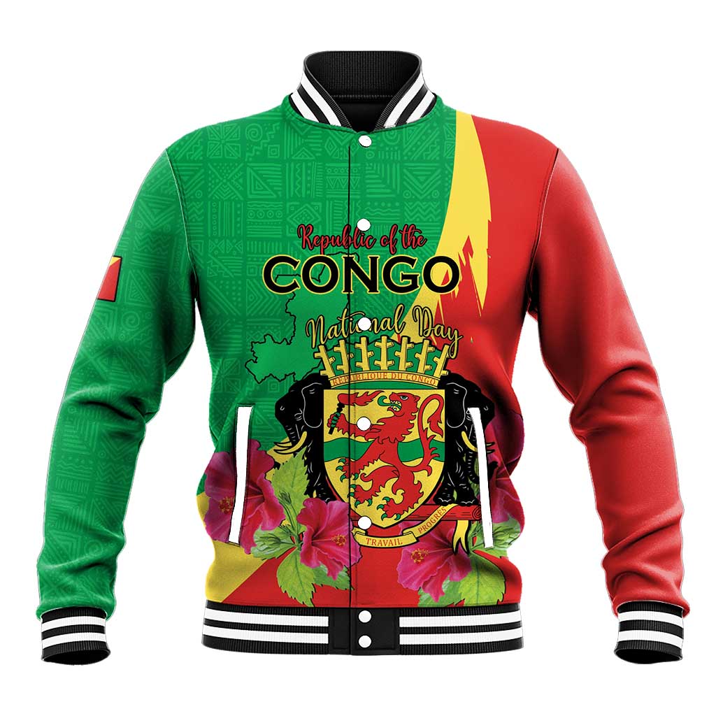 Personalized Congo Brazzaville National Day Baseball Jacket Coat Of Arms Hibiscus Flower - Wonder Print Shop