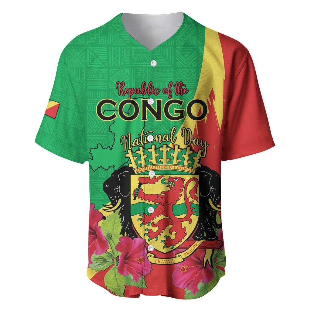 Personalized Congo Brazzaville National Day Baseball Jersey Coat Of Arms Hibiscus Flower - Wonder Print Shop