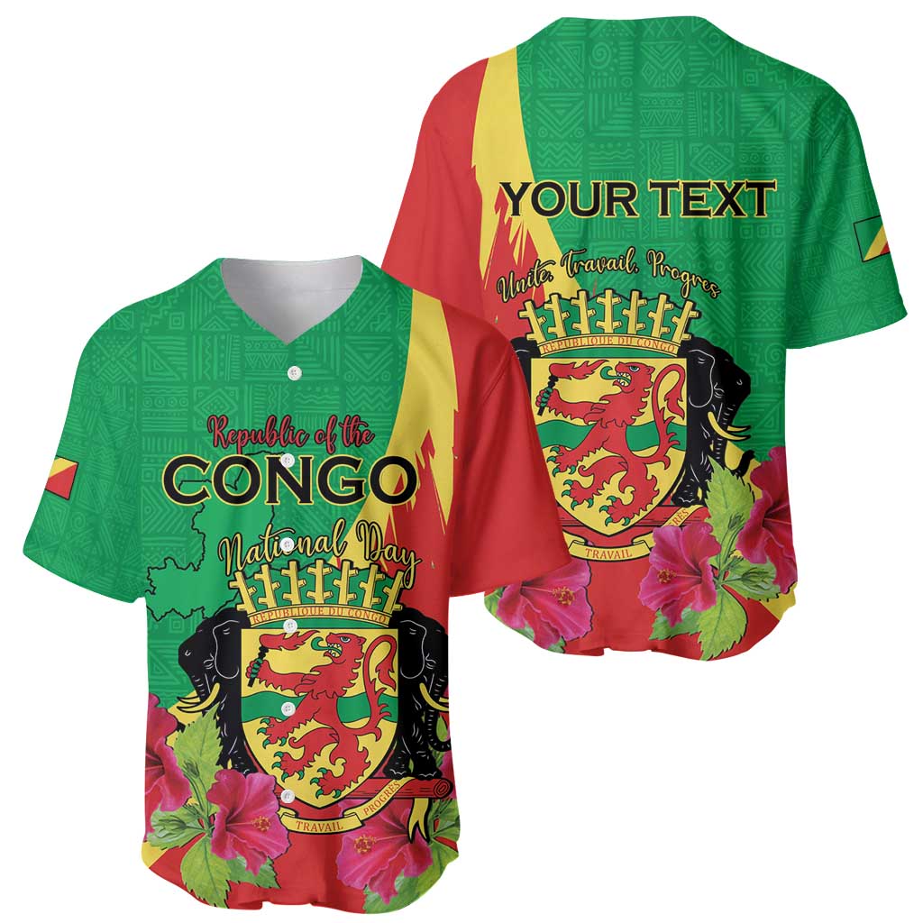 Personalized Congo Brazzaville National Day Baseball Jersey Coat Of Arms Hibiscus Flower - Wonder Print Shop
