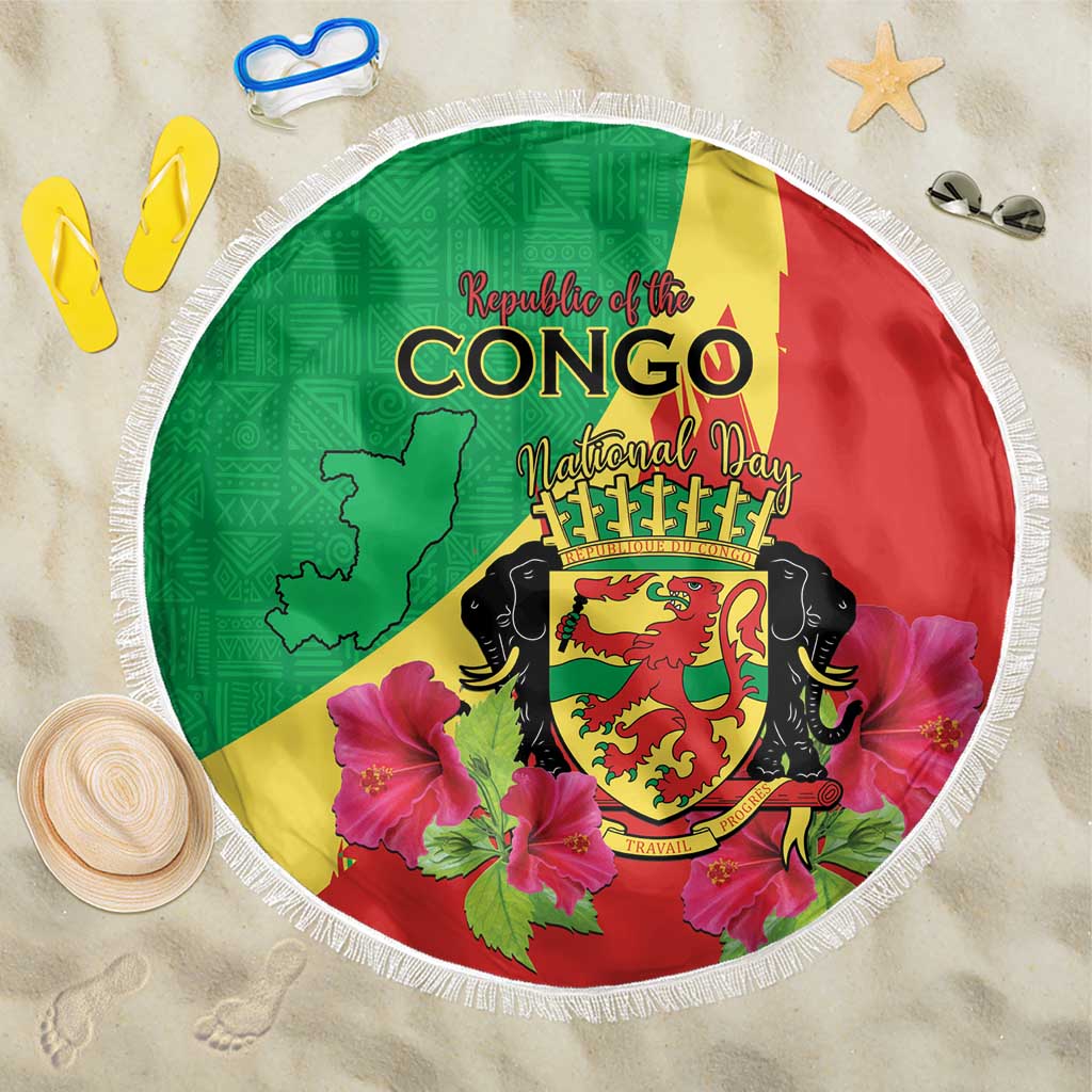 Personalized Congo Brazzaville National Day Beach Blanket Coat Of Arms Hibiscus Flower - Wonder Print Shop