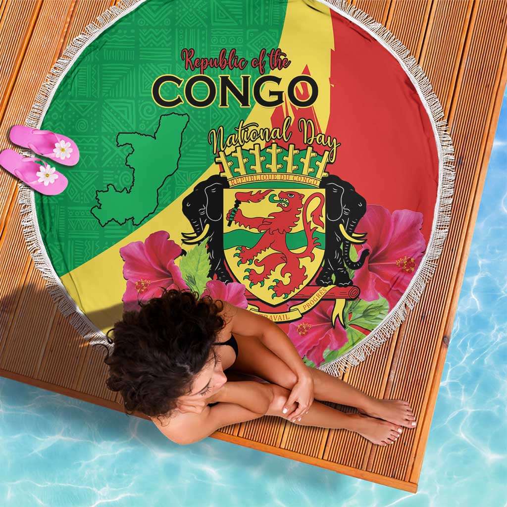 Personalized Congo Brazzaville National Day Beach Blanket Coat Of Arms Hibiscus Flower - Wonder Print Shop