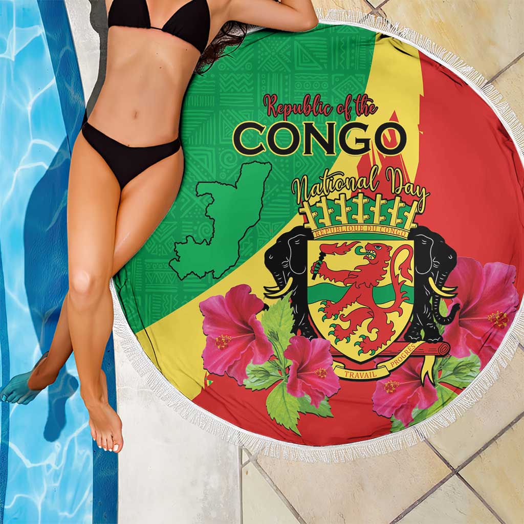 Personalized Congo Brazzaville National Day Beach Blanket Coat Of Arms Hibiscus Flower - Wonder Print Shop