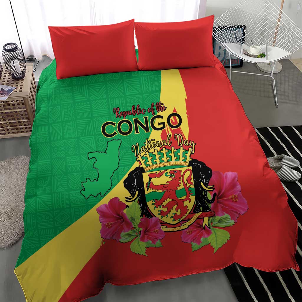 Personalized Congo Brazzaville National Day Bedding Set Coat Of Arms Hibiscus Flower - Wonder Print Shop
