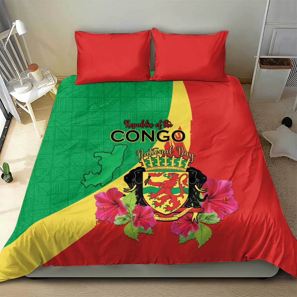 Personalized Congo Brazzaville National Day Bedding Set Coat Of Arms Hibiscus Flower - Wonder Print Shop
